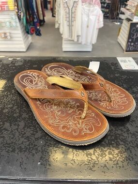 Rampage Brown Leather Embroidered Slide Sandals